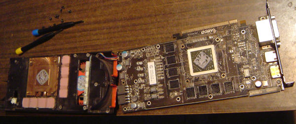 ATI Radeon 5850 circuit board front side and case inside 