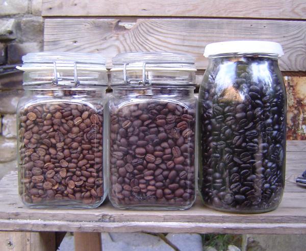 Roasted coffee beans in airtight containers