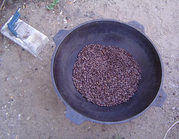 Roasted coffee beans in a pan