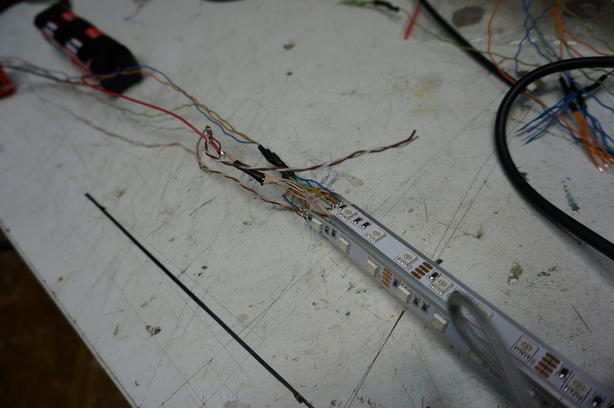 Wires soldered to RGB LED strips